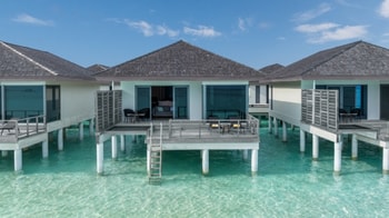 Le Meridien Maldives Resort & Spa Sunset Overwater Villa  Arial Shot 